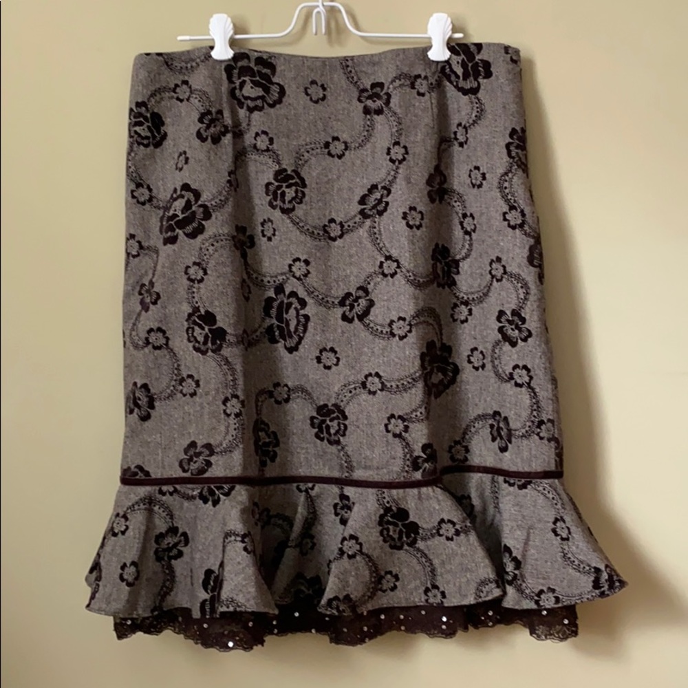 Acorn Wool Brown Floral Lace Hem Ruffle Skirt 14